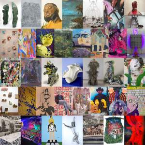 A staggered grid of 37 artworks of diverse aesthetics and media.