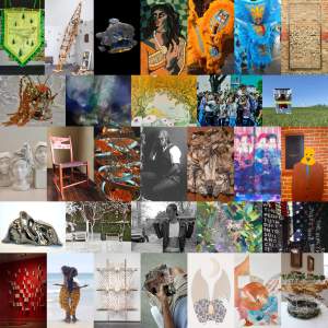 A grid of 31 artworks, including sculpture, painting, costume, photographs and more of diverse aesthetic and technique.