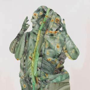 A fragmented and bisected figure articulated in swirled greens holds their hands up towards their face