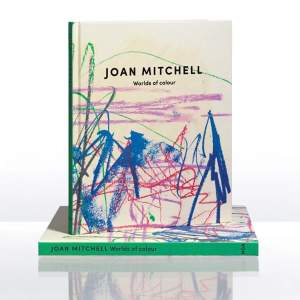 A book titled "Joan Mitchell: Worlds of Colour," stands upright with an abstract, colorful cover with bright gestural pastel marks.