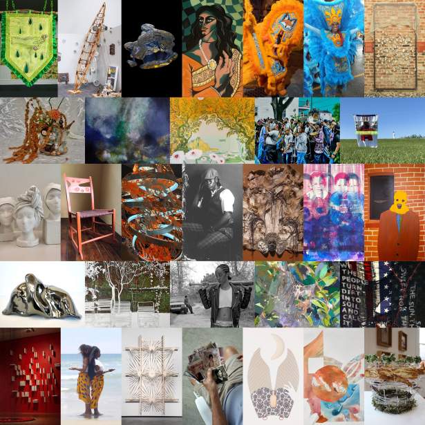 A grid of 31 artworks, including sculpture, painting, costume, photographs and more of diverse aesthetic and technique.