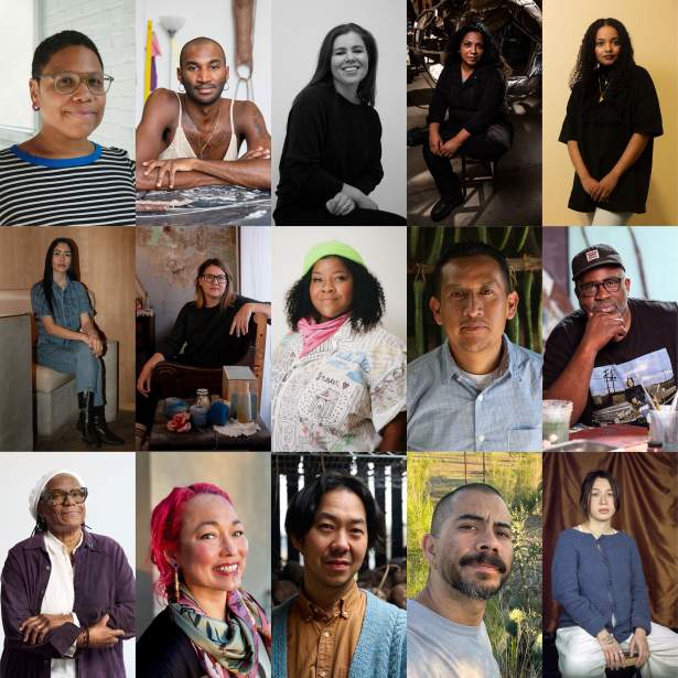 A grid of 15 portraits of artists of varying age, style, appearance and skin tone.