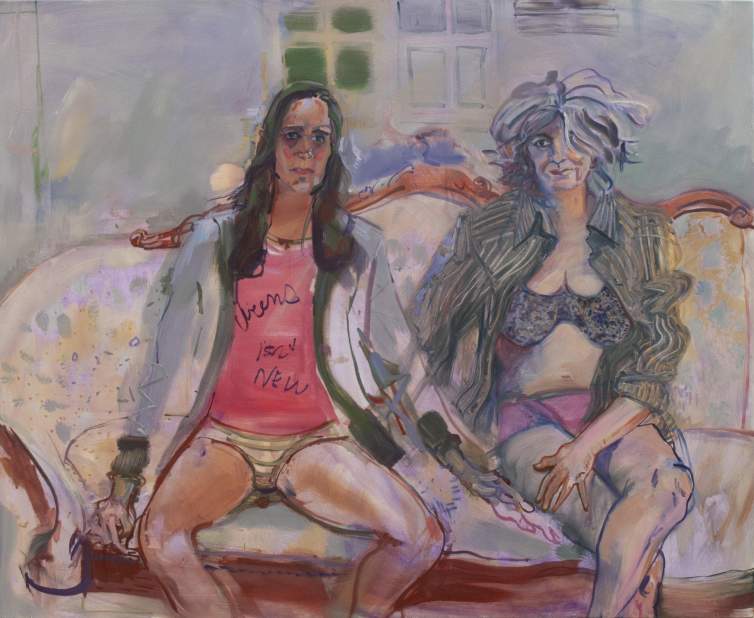 Two female figures in a stylized painting lounge on an ornate couch in their underwear, with an air of comfort and casual confidence amidst a backdrop of cool, muted colors.