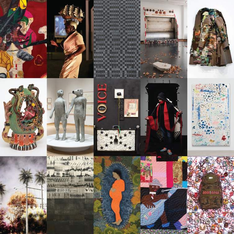 15 artworks in a composite grid, including paintings, sculptures, performances, prints and installations.