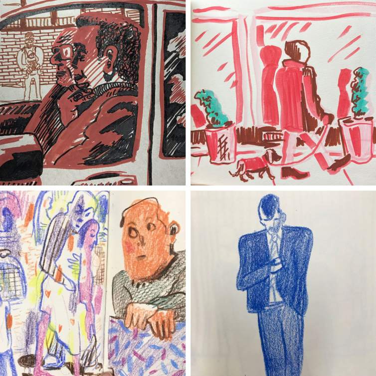 A composite image of four page spreads from artist Mala Iqbal’s sketchbooks. At top left, on a page in a spiral bound sketchbook, passengers in a car are rendered in brown and black marker amidst a backdrop of a brick building. Top right shows an open square page with a sketch of a person walking a dog in front of a restaurant, rendered in red, pink, and brown marker strokes. On the bottom left, the artist’s hand holds open a sketchbook with a busy cluster of figures and architecture on the left side of the page spread, and a furtive looking boy sitting at speckled countertop on the right side. On the bottom right is a crayon sketch of a man in a dark suit, arm across his chest as he reaches into his inner coat pocket, head gazing down.