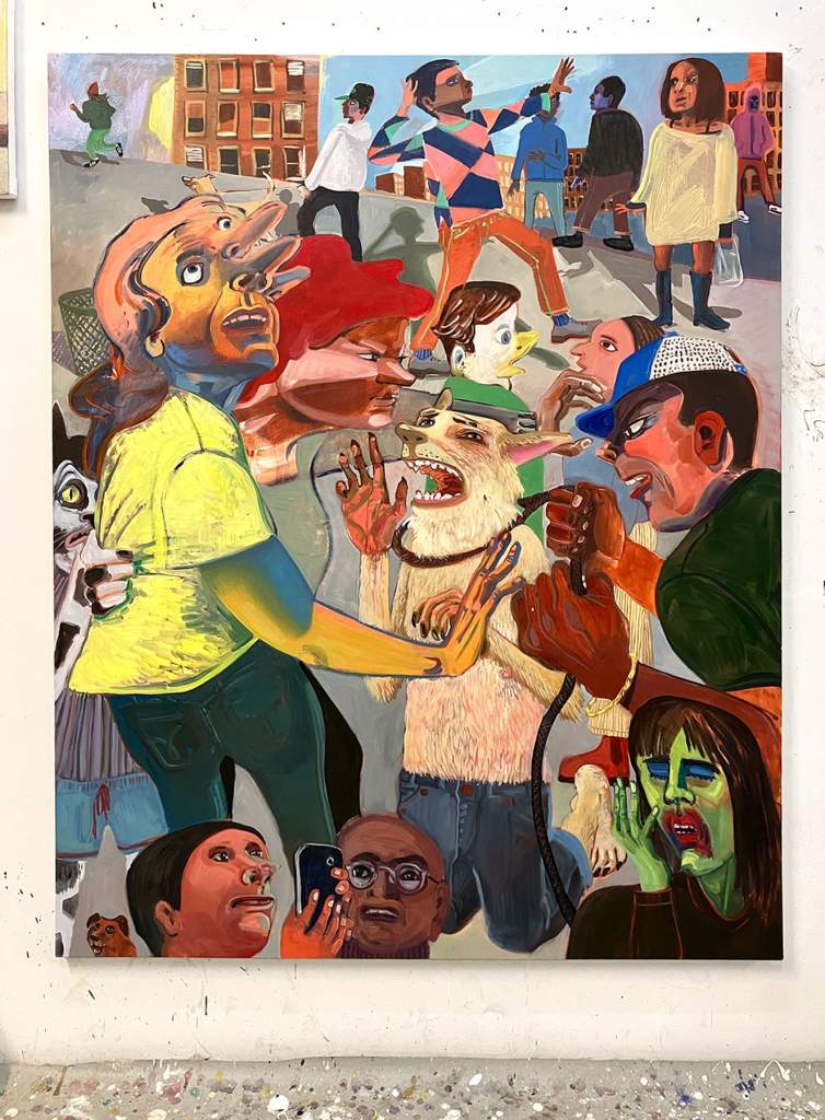 Dogcatcher is a work-in-progress painting hung on a white studio wall, depicting a group of figures in an urban environment. Several of the figures are animal-human hybrids, including a central figure of a dog kneeling on two legs and wearing jeans.