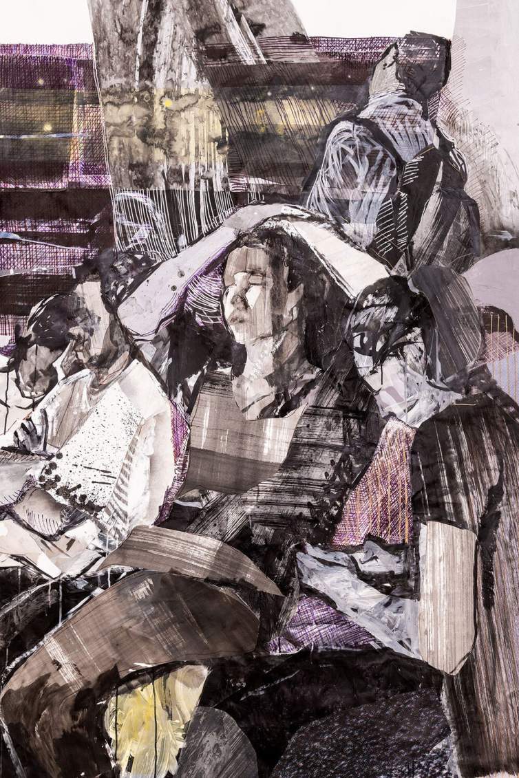A detail of  In Between the Lines showing 5 figures sitting close together, the central person with hands resting on top of their head, eyes closed in fatigue.