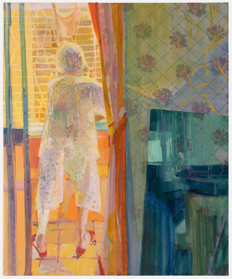 Balcony is a vertical painting of a person standing before a brightly illuminated window in the left side of the composition. The warm yellow-orange light in the window area casts a serene glow over the scene, while on the right, patterned walls and a glimpse of furniture suggest a domestic environment, rendered in darker tones of blue and green.