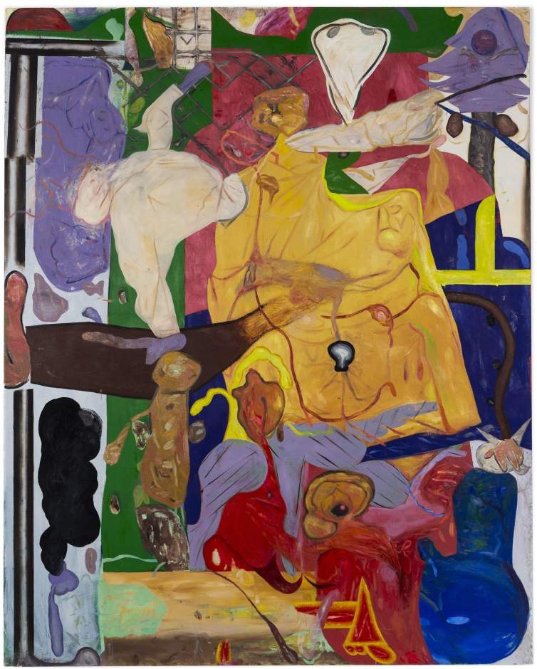 Bad Pieta is a vertical abstract painting composed of interlocking and overlapping ambiguous forms in red, yellow, brown, purple, blue and other colors, including a central form reminiscent of a Pieta sculpture.
