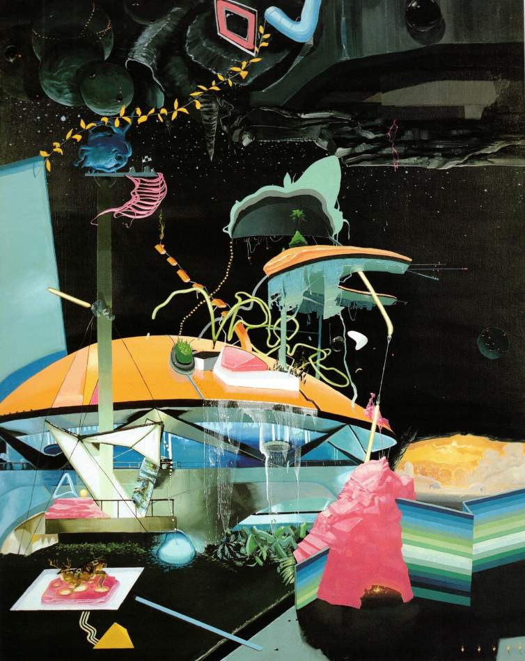 Tables and Chairs is a square painting with abstracted forms that suggest figurative elements and furniture. The color palette includes neon green, pink, red, white, blue brown and other hues.