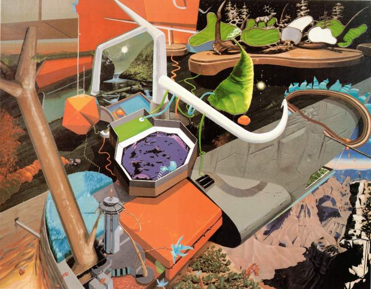 Nagi Domo is a slightly horizontal painting with futuristic building structures imposed on a collaged backdrop of  mountainous landscape, perhaps suggesting an imagined future city.