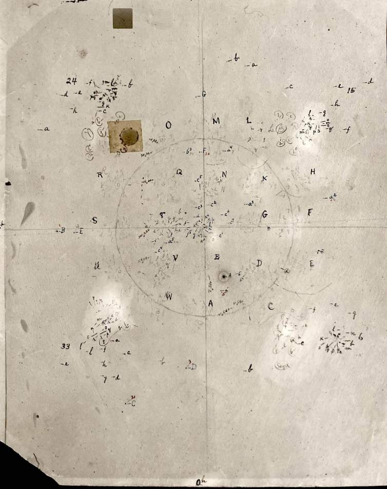 A detail of hand-written mathematical notes on an archival photo.