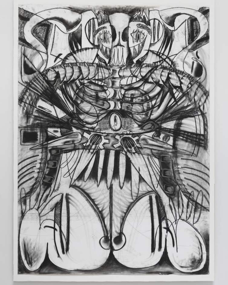 Black and white abstract drawing featuring symmetrical skeletal forms, intricate patterns, and a central eye-like shape.