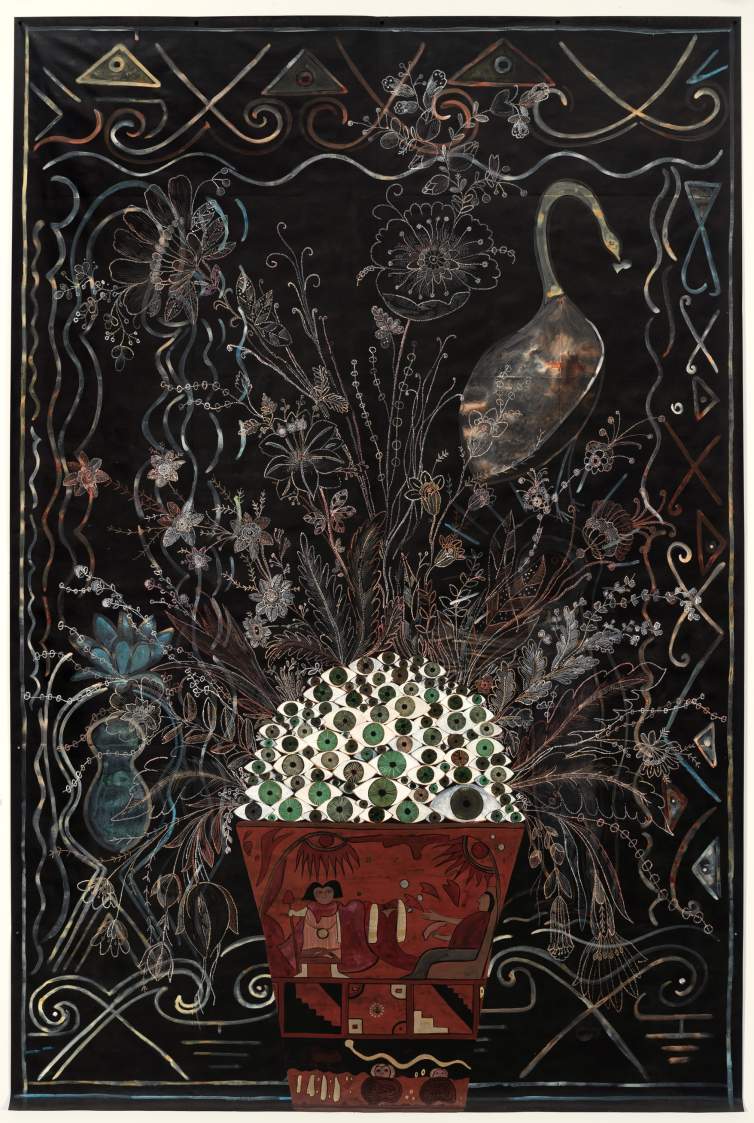 A terracotta-brown, wide-mouthed vase painted with stylized people and step-like patterns is piled with marquise-shaped eyes with green, brown, or hazel-colored irises. Stems, leaves, and blossoms drawn in icy white, silvery gray, and russet red flicker across the black background.