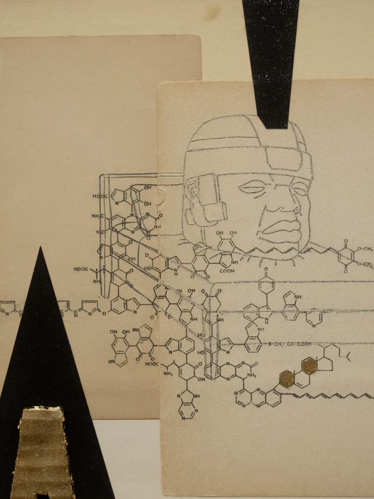 A detail of an artwork shows old book pages with chemistry diagrams overlaid with a drawing of a bed frame on which rests a giant sculptural head.