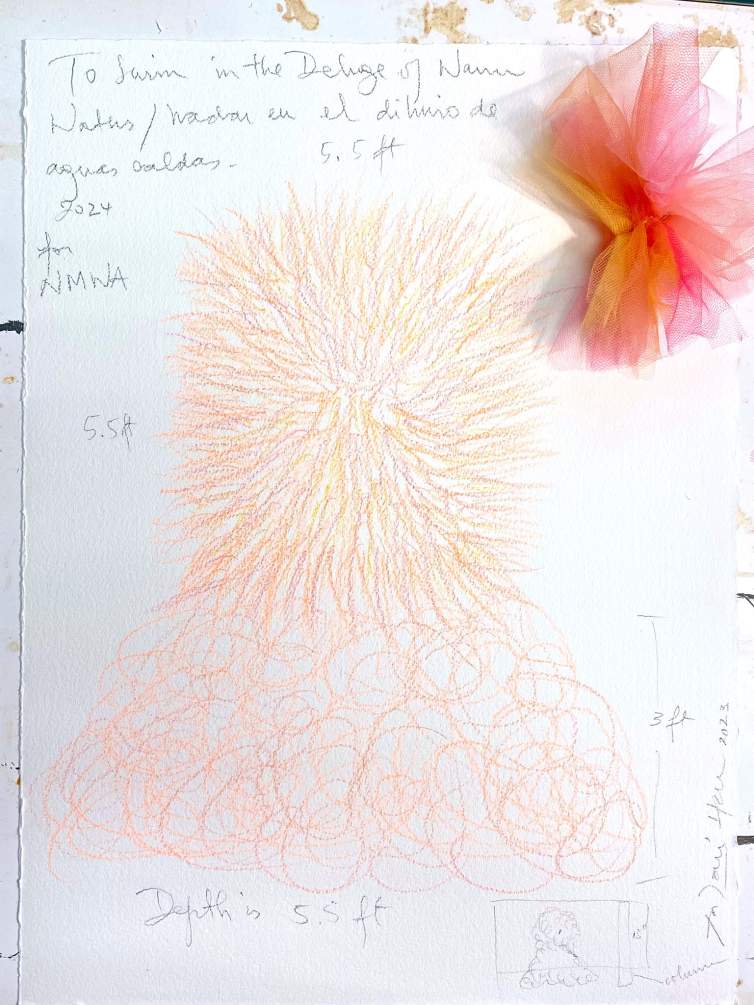An artist’s sketch on white textured paper shows a colored pencil drawing of an abstract form in orange and pink. The artist has added notes in pencil and a small bundle of orange and pink tulle fabric is pinned to the top.