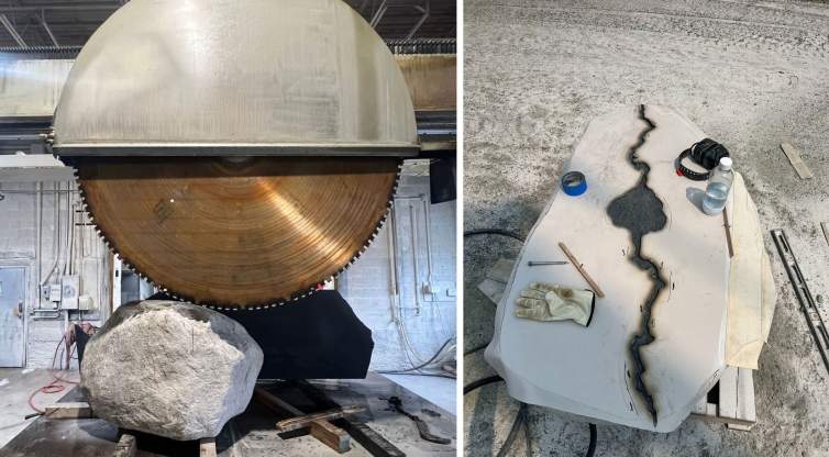 A composite of two photos documenting the making of William Lamson's sculptural fountain, Water Offering. On the left, we see a large wet saw cutting into a granite boulder in a warehouse space. On the right, the artist's tools, headphones, gloves, and a water bottle rest on a flat section of stone that has been covered with cloth, cut away to define a carved river-like section in the middle of the stone slab.
