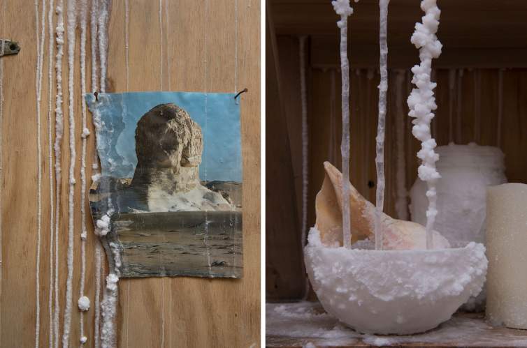 A composite image of details from William Lamson's experimental project, Mineralogy, show salt crystals growing on various surfaces. On the left, we see crystals climbing a plywood wall with a photo of an eroded mountain pinned to it. At right, a shelf holds a bowl with a seashell, a candle, and a jar—all encrusted with strands of salt crystals.