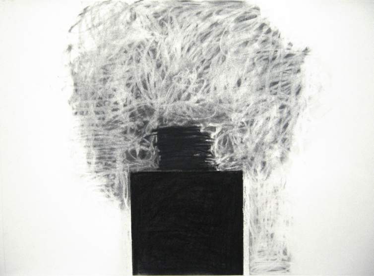 January 9, 2011 is a rectangular drawing on white paper. Amidst the white ground of the paper, a solid black square rests in the bottom center. On top is a rectangle of horizontal black lines, and emanating out is a tangle of gestural marks erased from a gray cloud.