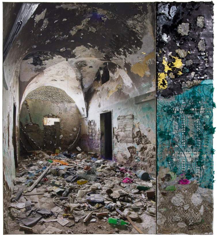Growing inside is a rectangular mixed-media artwork on two canvases, one larger than the other, and pressed together to make one composition. On the larger left-side panel, we see the bombed-out interior of a room with arched ceiling, an open doorway, and rubble and trash on the floor. On the smaller right panel, the artist has applied bits of blue and gray lace and concrete to the surface of the photo, extending the composition.