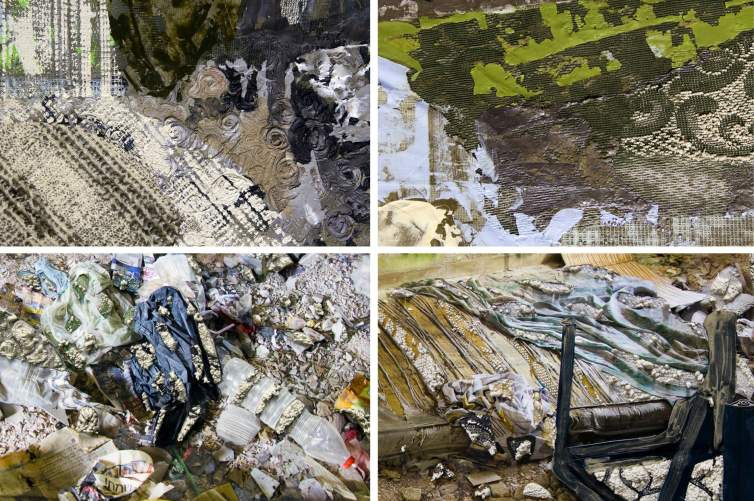 A grid of four photos show detailed sections of a multi-media artwork, Mirror Ceiling: A Room with a Mattress and a Chair. We see areas where paint, lace, and concrete have been applied to the artwork, and scraped away. We see details of trash and debris, including an old mattress, in the interior of a dilapidated residential building.