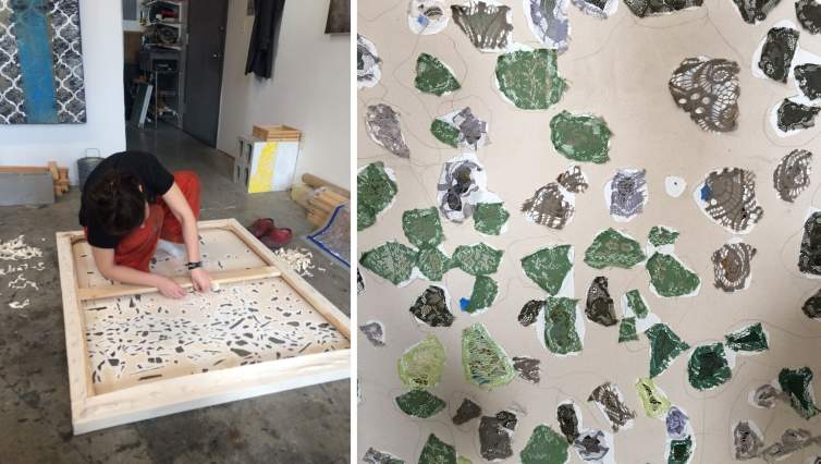 On the left, the artist Naomi Safran-Hon crouches over a canvas on the floor of her studio, creating wooden supports on the back of an artwork. On the right is a detail from the artwork in progress, showing patches of cement and different colored lace applied to a raw canvas surface.