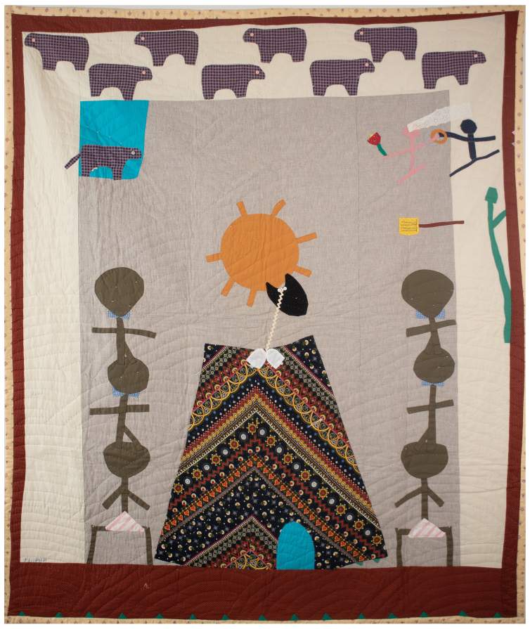 The Wedding I is a quilt with a white and gray background and a central figure defined by a skirt that suggests a body and a sun that suggests a head. On either side, stick figure like forms are stacked. At the top, eight abstracted cows are depicted in two rows.