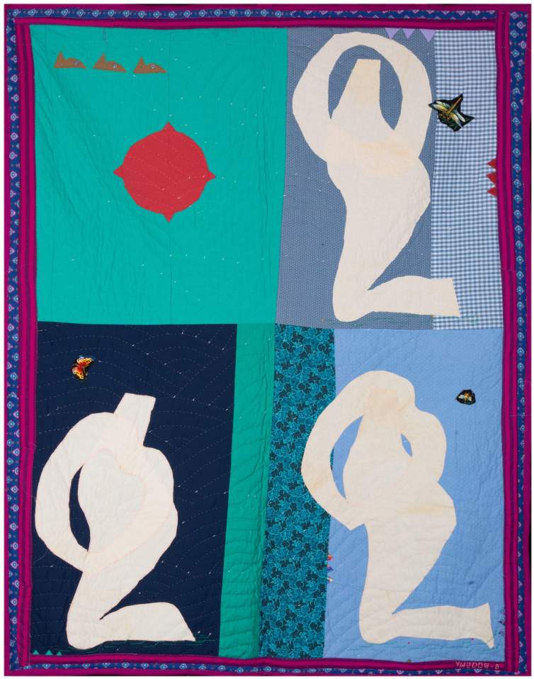 On Bended Knee is a colorful quilt with four human figure silhouettes in different poses on a multi-toned background, bordered in purple with red and blue patterns.