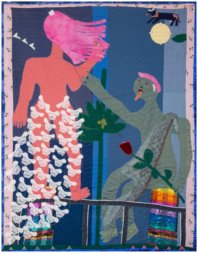"Seven Deadly Sins: Lust" is quilt with strained blue background and two figures rendered in bits of fabric. The figure on the left, depicted from the back, is a female form with corral red skin, long pink hair, and a train of embroidered silk that trails behind her. The figure on the right is a seated male figure with green skin and a slash of pink hair. He holds a rose and reaches up towards the woman with his tongue hanging out.