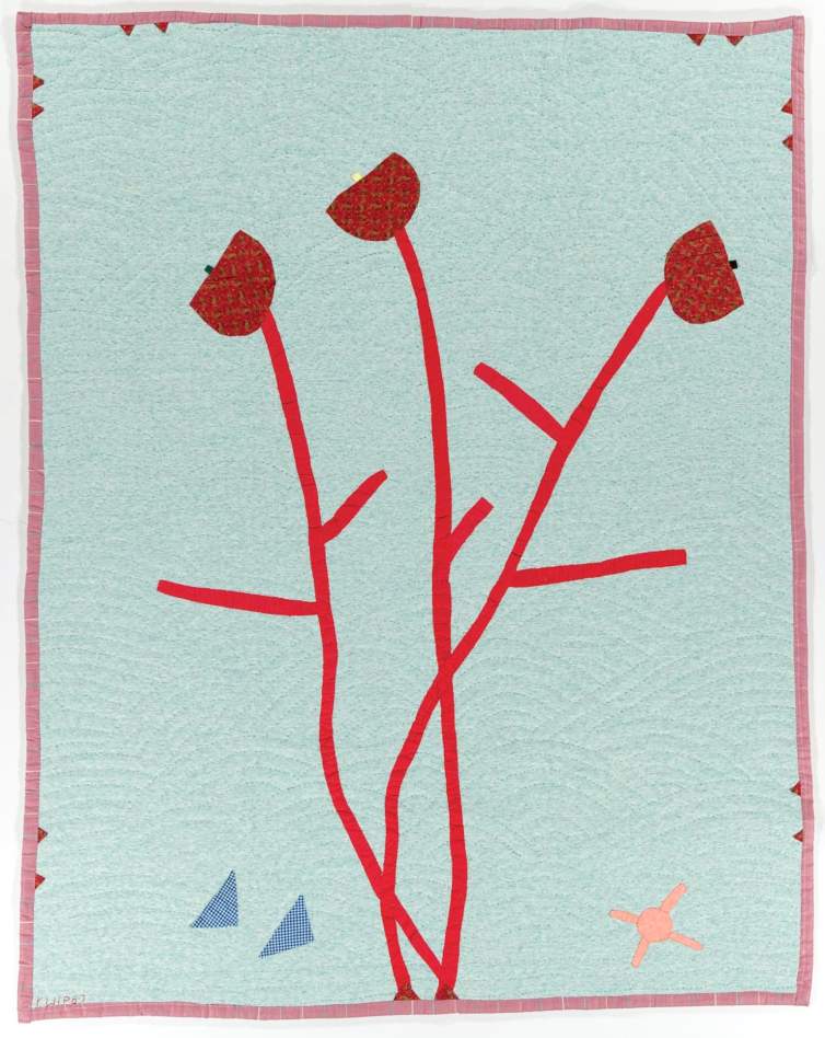 The Gossip Quit depicts three spindly red flowers amidst a backdrop of light sea green.