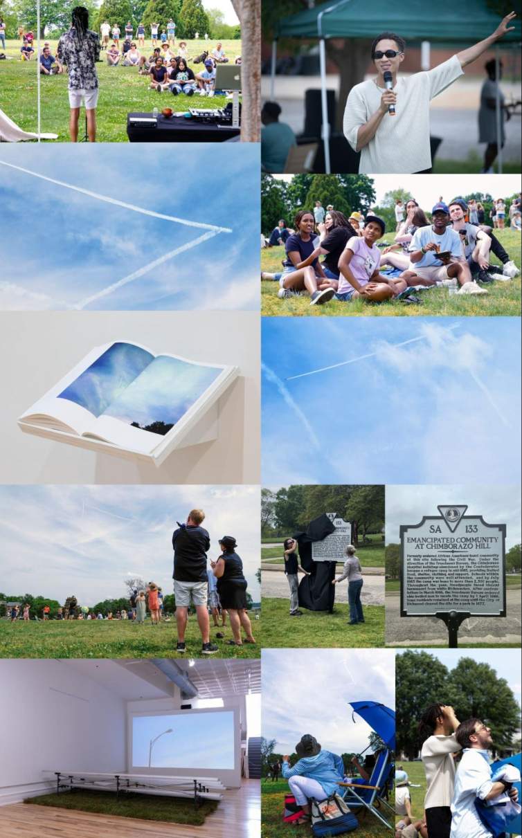In ten photos combined together, we see scened from Sandy Williams IV's 40 Acres: Chimborazo Hill project, which included community gatherings, skywriting, and the installation of a plaque commemorating the history of this site.