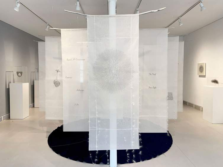 “I am the Emptiness” is an installation of 7 vertical banners of translucent white silk hung on white driftwood above a black circle, evenly staggered back from a center banner. The center banner has radiating fine black lines in a circle. The first banner to the left reads in small script font “Beyond All Consciousness Emptiness Hollowness I Am”. The banner to the right of center reads “The Void Into Light”. Other banners have partially visible linear illustrations of a flower growing from a root ball and a disembodied foot.
