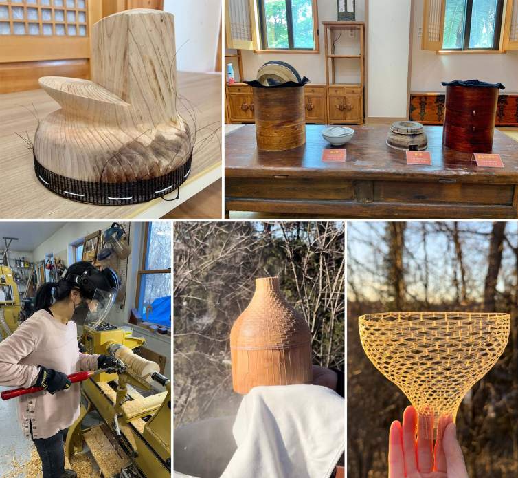 A composite image of five photos taken by artist Jayoung Yoon of traditional horsehair weaving in Korea. At top left is a wooden form used as a mold for a woven vessel. Top right shows Korean artifacts on a wooden table. Bottom left shows Yoon using a lathe to create a wooden form in a woodshop. Bottom middle shows a horsehair weaving in progress being held up on a wooden form. Bottom right shows the completed woven vessel free of the form—a translucent woven sculpture held up in the artist’s hand in front of a forest and sky.