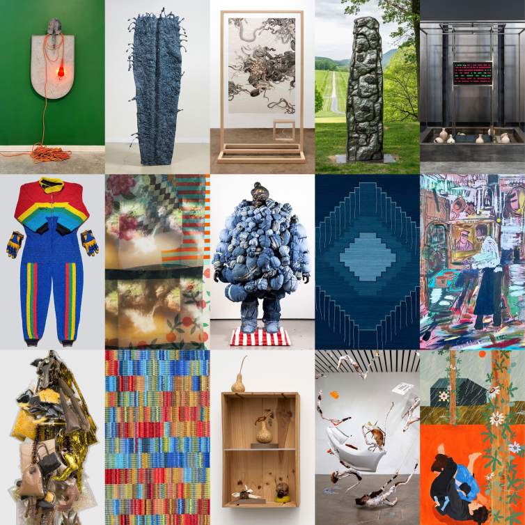 15 œuvres d'art présentées dans une disposition en grille, parmi lesquelles des peintures, des sculptures, des tissages, des créations en perles et des installations.