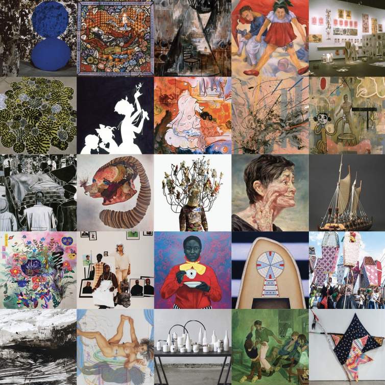 25 artworks in a grid by past recipients of the Painters & Sculptors Grant