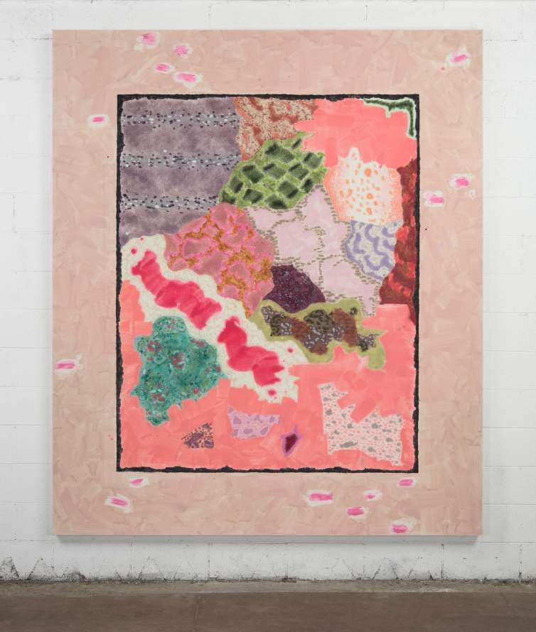 Large abstract painting by Rebecca Morris with a rectangle of irregular, colorful patches and textures in pinks, greens and purples, bordered by a painted thin black rectangle, and a wider painted peach border with intermittent pink daubs, displayed on a white wall with a concrete floor.