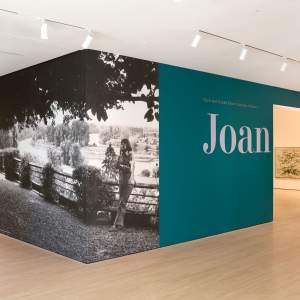 Entrance to Joan Mitchell exhibition at SFMOMA- a teal wall reading Joan Mitchell in large text, with a large photo of Mitchell leaning on a fence overlooking the Seine River.