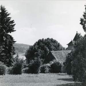 A lawn framed with bushes and large trees with a thatched roof down the hill, the river Seine visible in the distance