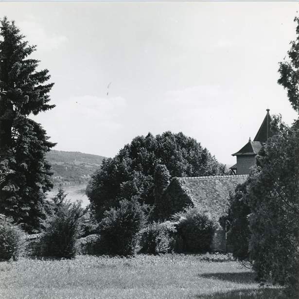 A lawn framed with bushes and large trees with a thatched roof down the hill, the river Seine visible in the distance