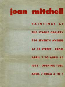 Text reads "Joan Mitchell, Paintings at the Stable Gallery 324 Seventh Avenue..."