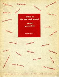Names of artists in red scattered around a white page, with a red block at center reading "Artists of the New York School: Second Generation"