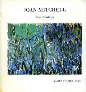 An abstract green and blue diptych painting under the words "Joan Mitchell New Paintings"