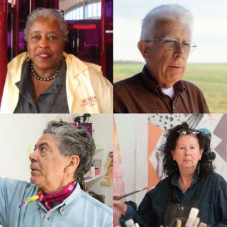 Composite image of 4 artist portraits in a grid, Mildred Howard, Elemore Morgan, Jr., Jaune Quick-to-See Smith, and Freddy Rodriguez