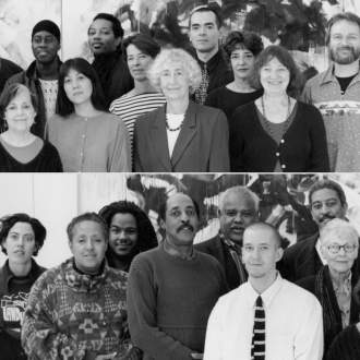 Composite image of 16 artists standing in front of a Joan Mitchell painting