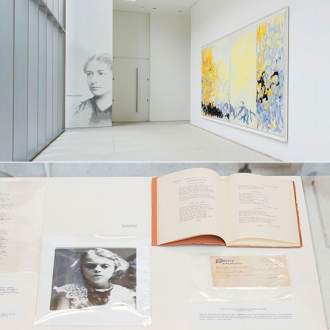 Joan Mitchell quadriptych painting Minnesota, a photo of young Joan Mitchell, and an open book of poetry.