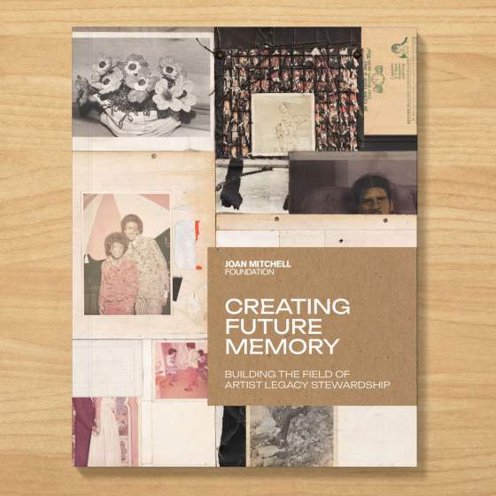 A book cover reading "Joan Mitchell Foundation, Creating Future Memory: Building the Field of Artist Legacy Stewardship" overlaying a collage by Troy Montes Michie, in which yellowed pages and faded photographs are laid out in an irregular but careful grid of strict verticals and horizontals.
