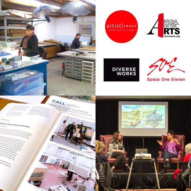 Images in a grid: assistants working in a studio, partner logos, a spread from an Estate Planning Guide, and artist Tara Sabharwal speaking with Robin Clark.