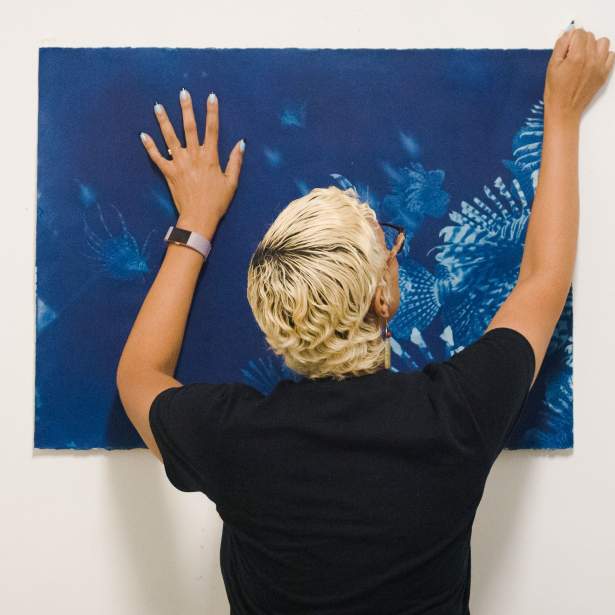 Artist Andrea Chung pinning a large cyanotype of lionfish to a white wall.