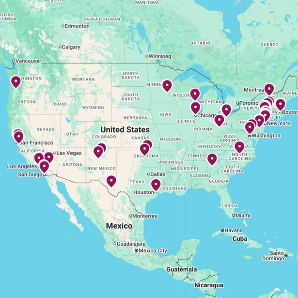 A map of the continental USA with 100+ map markers dotted around the country